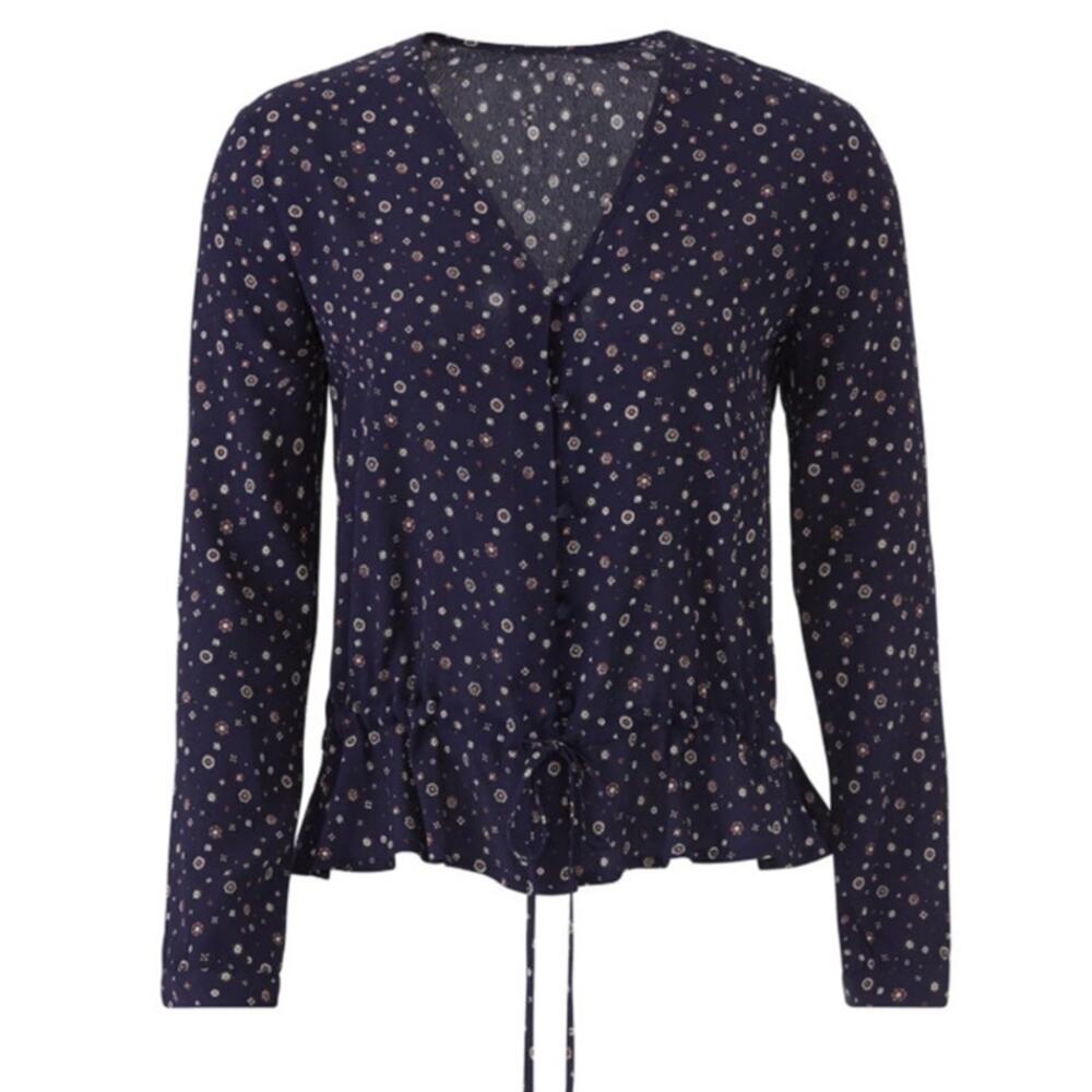 Rails Navy Blue Floral Button Down Blouse Drawstring Waist Top Sz S